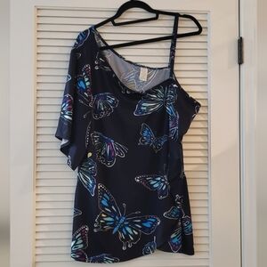 (Plus-Size) Navy Blue Asymmetrical Butterfly One-Shoulder Top